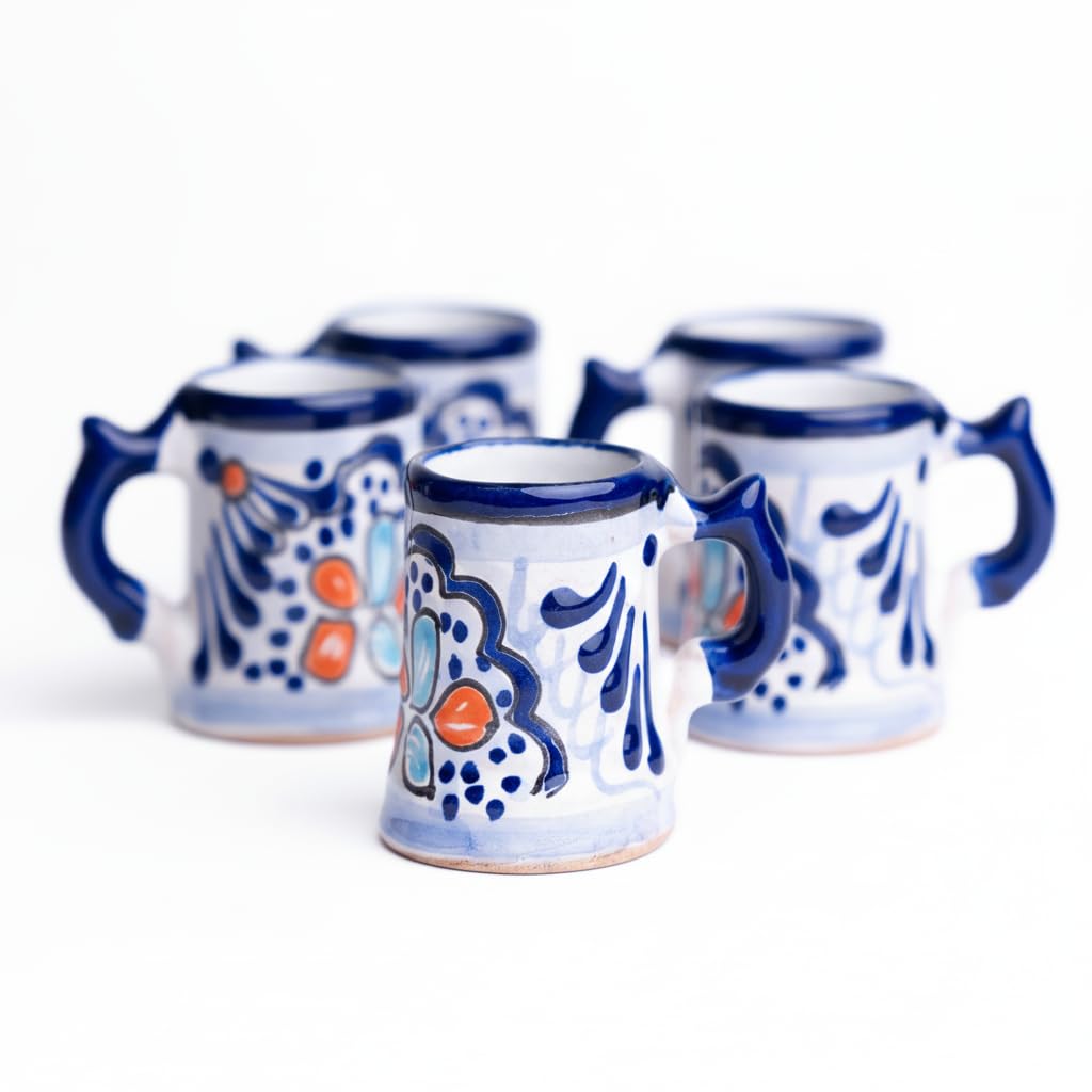 Talavera Shot Glasses Set of 4 Authentic Mexican Tequila Shot Glasses - Hand-painted - 2 Oz (Handle - Blue Floral)