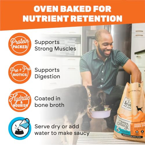 Image of I AND LOVE AND YOU Baked and Saucy Dry Dog Food - Chicken + Sweet Potato - Prebiotic + Probiotic, Real Meat, Grain Free, No Fillers, 10.25lb Bag | Grain-free kibble featuring real chicken, sweet potato, and digestion-supporting prebiotics and probiotics. No fillers.