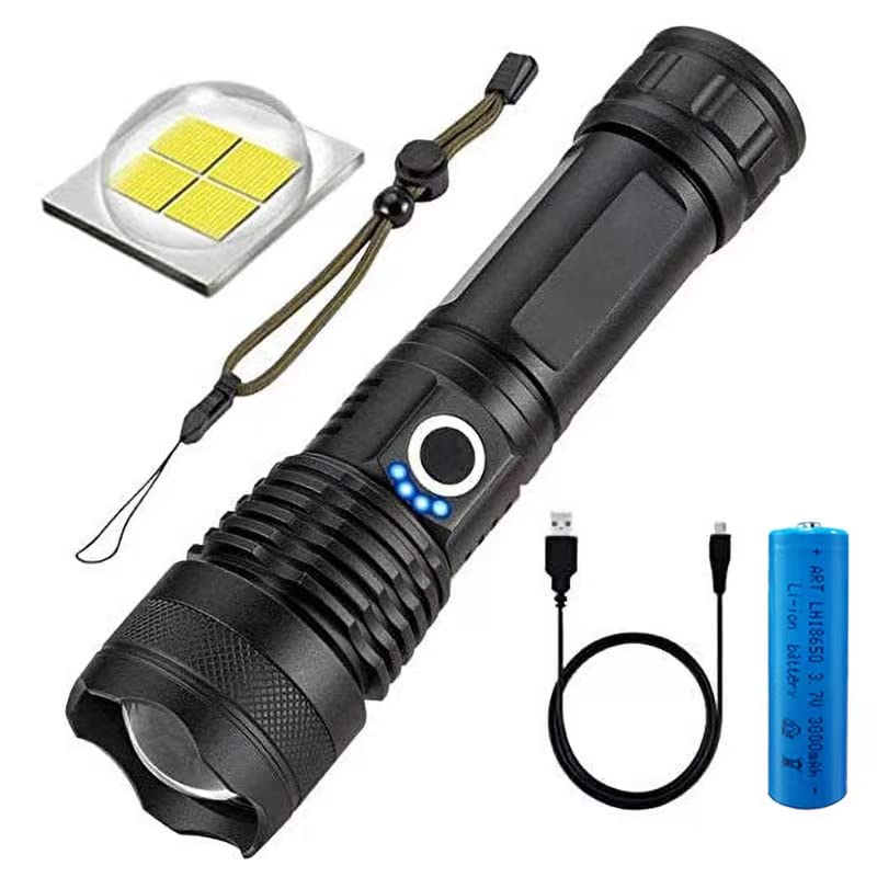 Rechargeable Led Flashlight High Lumens, 90000 High Lumens Tactical Flashlights, P70.2 LED Super Bright Flashlight with 26650 Batteries& USB, Zoomable, 3 Modes, Waterproof Flashlight for Emergencies