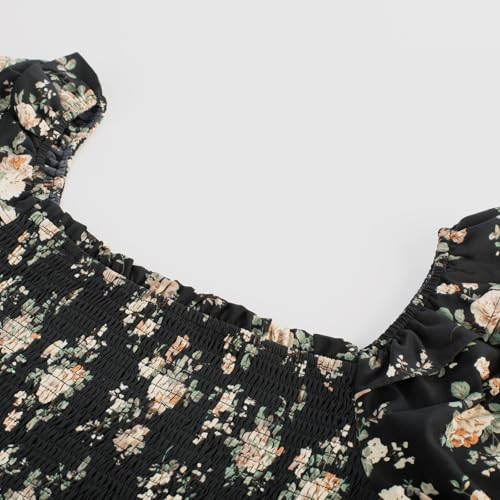 Image of Scarlet Darkness Floral Dress for Women Summer Puff Sleeve Square Neck A Line Flowy Wedding Guest Tea Party Dresses
