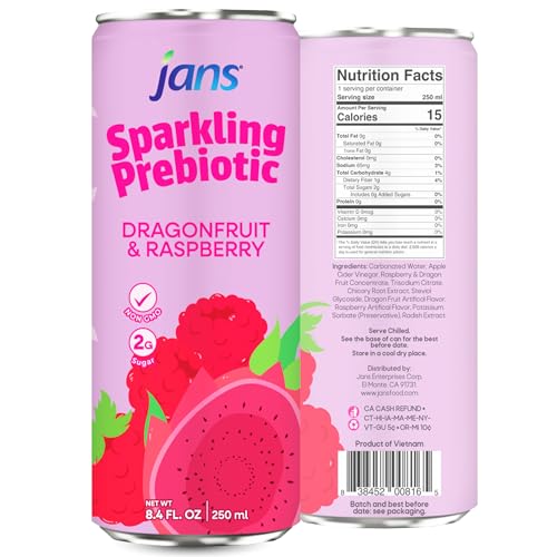 Image of Jans Sparkling Prebiotic Soda Beverage - Dragonfruit & Raspberry 8.4 Fl Oz (24-Pack) - Low Calorie, NO Added Sugar, Non-GMO Sparkling Fruit Beverage, Gut Health Support