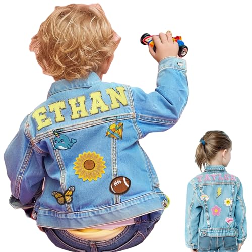 Personalized Kids Denim Jacket with Names, Cute Custom Chenille Letter Patch Children Denim Jacket for Girls Boys, Birthday Gift, Toddler Long Sleeve Jacket with Pattern Back to School Outfits - Main Image