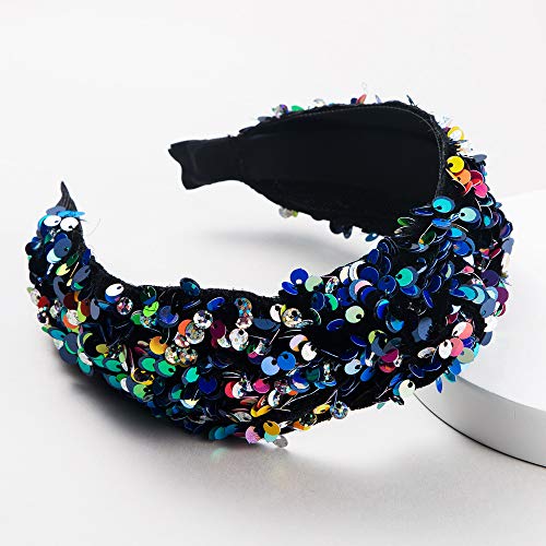 Sequins Knot Headband for Women Girls,MHDGG Wide Headbands Turban Headband Hair Band Shining Vintage Bandana Hairband Elastic Hair Hoops Hair Accessories for Women and Girls,Blue