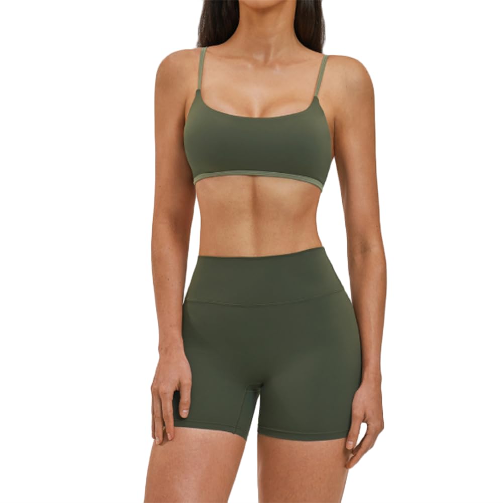 Jpxjgt Women's Green 2 Piece Yoga Set Thin Strap Sports Bra & High Waist Biker Shorts Popular Workout Gym Activewear(Size:l,Color:green)