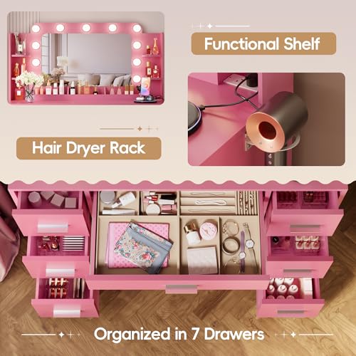 Image of Furmax Vanity Desk with Hollywood Style Mirror with LED Lights, Makeup Table Vanity with 2 AC Outlets and1 USB＆1 Type-C Port, Adjustable Lighting, Modern Ample Storage Drawers Dressing Table (Pink)