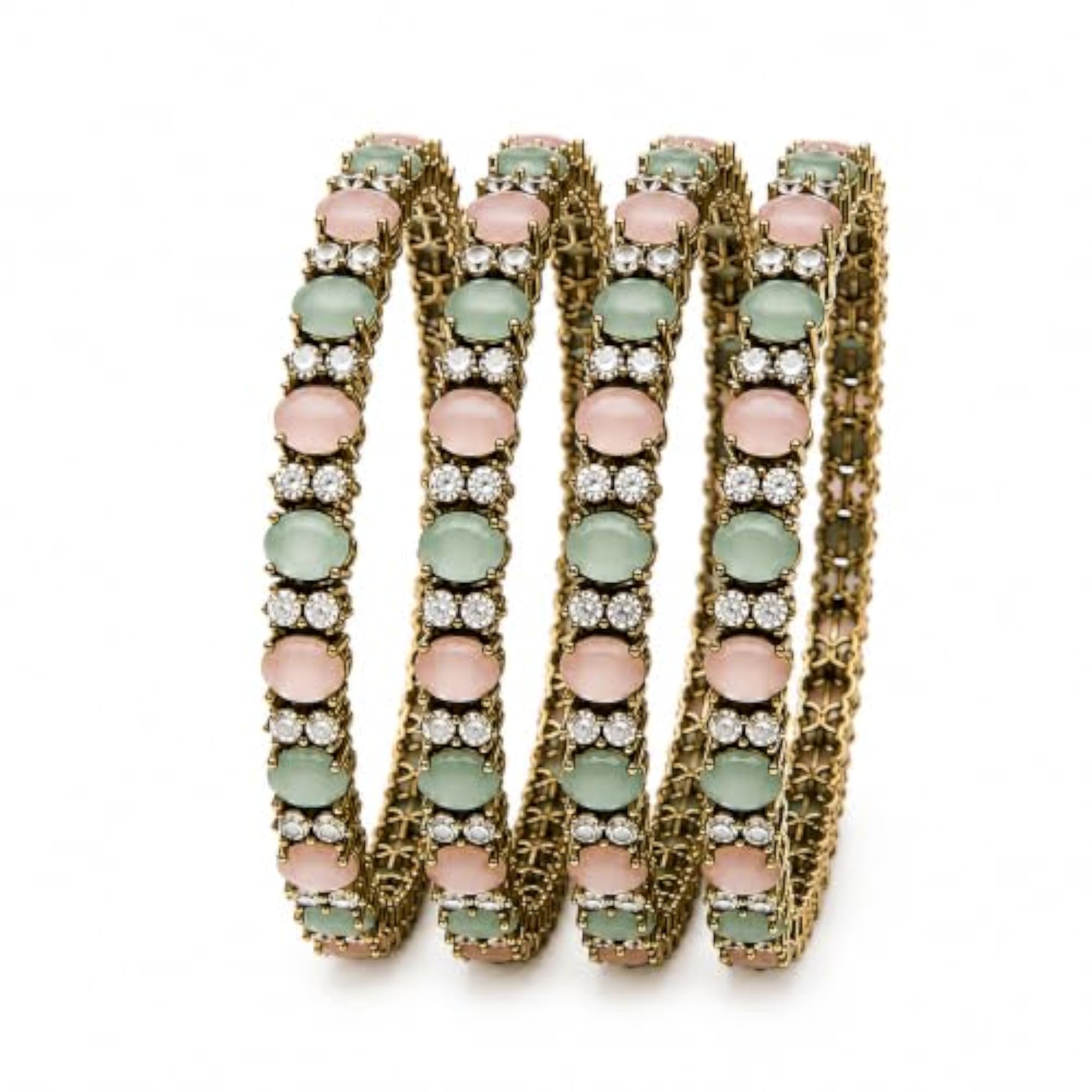 Gold Finish American Diamond Mint Green & Blush Pink Bangle Set