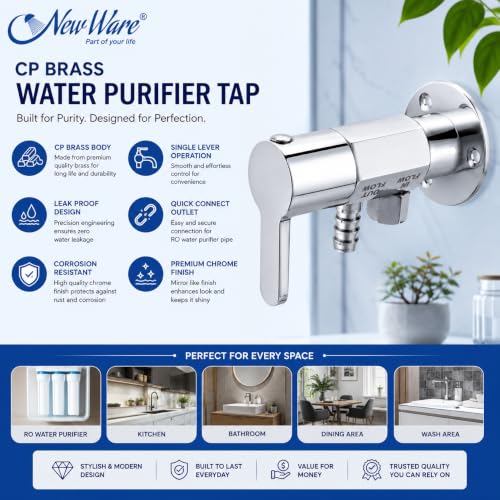 Image of New Ware CP Brass Water Purifier Tap Wall Mount Single Lever RO Water Filter Faucet with Quick Connect Outlet, Leak Proof Chrome Finish Replacement Tap for Home Kitchen Drinking Water Purifier