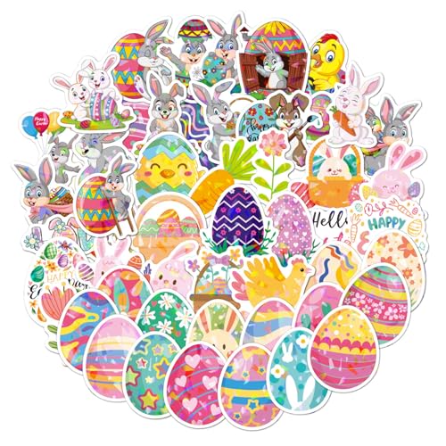 BAUCH Set de 50 Pegatinas de Pascua Holográficas, Stickers Pascua Niños con Conejos & Huevos, Extraíbles sin Residuos
