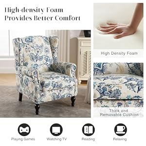 Accent chair for living room wingback floral accent chair with arms fabric printed armchair with nailhead trim and vintage legs comfy single sofa side reading chair for bedroom blue  urban country home decor