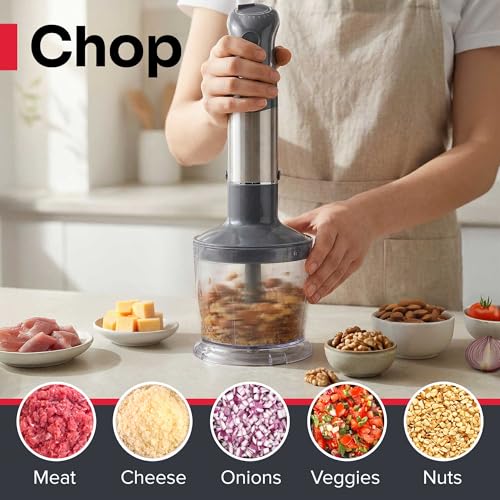 Mueller Multistick 5-in-1 Immersion Blender Handheld,12 Speed Hand Mixer-Turbo Boost,Heaviest Duty Copper Motor,Titanium reinforced Blades Hand Blender,Milk Frother Wand,Whisk,Beaker,Chopper,Grey