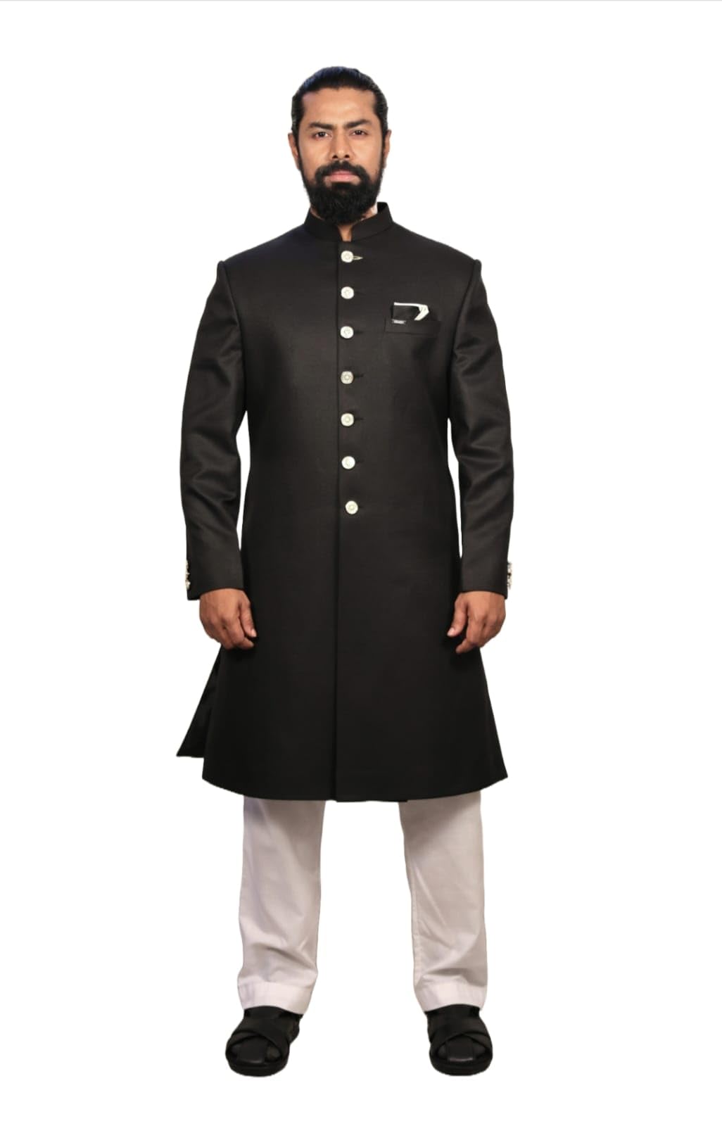 Black Mens Wear Sherwani With Golden Buttons Golden Kerchief With White Pajama-picture-34