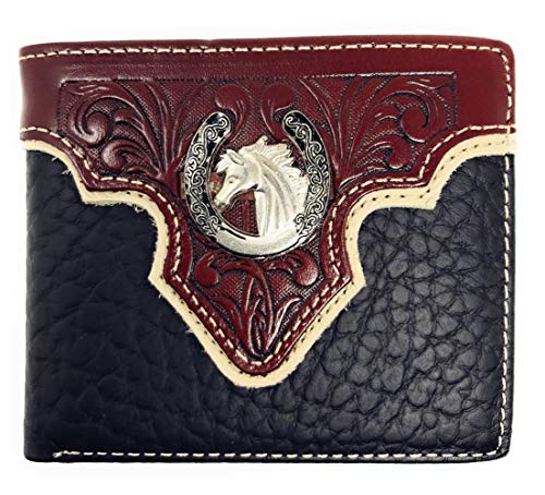 Western Genuine Leather Floral Tooled Horse Concho Mens Short Bifold Wallet in 2 colors (Black)