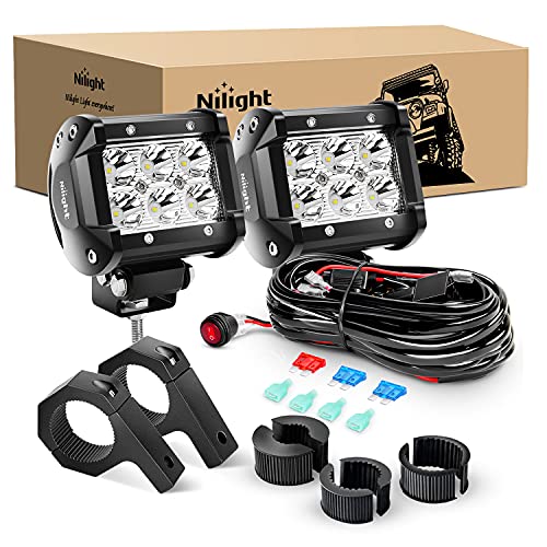 Nilight ZH059 2PCS 4 Inch 18W Spot LED Light Mounting Bracket Horizontal Bar Tube Clamp with Off Road Wiring Harness-2 Leads, 2 Years Warranty