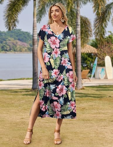 Image of Zeagoo Women Summer Floral Dress Short Sleeve Beach Dress with Pockets Casual V-Neck Split Long T-Shirt Dress Travel Vacation