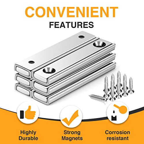 Image of TRYMAG Bar Magnets, 80Lbs 6 Pack Countersunk Hole Magnet with Screw | Silver,Heavy Duty Rare Earth ,Neodymium,Rectangular,for Mounting, Door, Garage, Workplace(60 x 13.5 x 5mm )