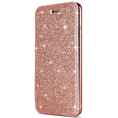 Surakey Coque iPhone 8,Coque iPhone 7, Paillette Strass Brillante Glitter de ¨¦tui Housse Coque Clapet Portefeuille Cuir PU Housse de Protection Wallet Coque pour iPhone 8 / iPhone 7, Or Rose