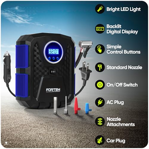 Image of FORTEM Tire Inflator Portable Air Compressor 150 PSI, 12V Electric Bike Pump for Car Tires and Bicycles with LED Light, Digital Tire Pressure Gauge w /Auto Shut Off, Carrying Case