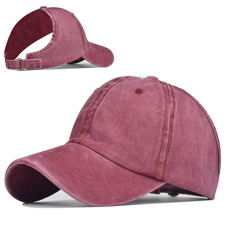 Image of SwooK Stonewash Baseball Ponytail Cap for Womens Girls High Ponytail Bun Cap Hat Half Top Sport Adjustable Cotton Women Girls Summer Sunny Sun Cap Caps (Wine Red)