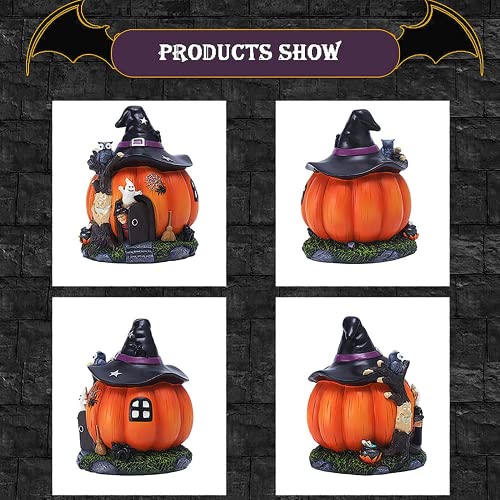 zalati Statue Pumpkin House Resin Décor with Witch Hats, Orange Pumpkin Fairy House for Halloween Miniature Garden Home Decor - Image 2
