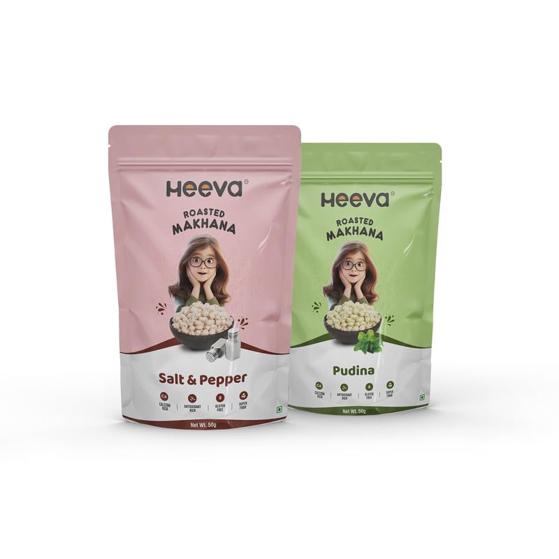 Heeva Roasted Makhana | Foxnut | Combo Pack of Salt & Pepper and Pudina Flavour 50g (Pack of 2) | Healthy Snacks | No Cholesterol | Calcium Rich | Phool Makhana