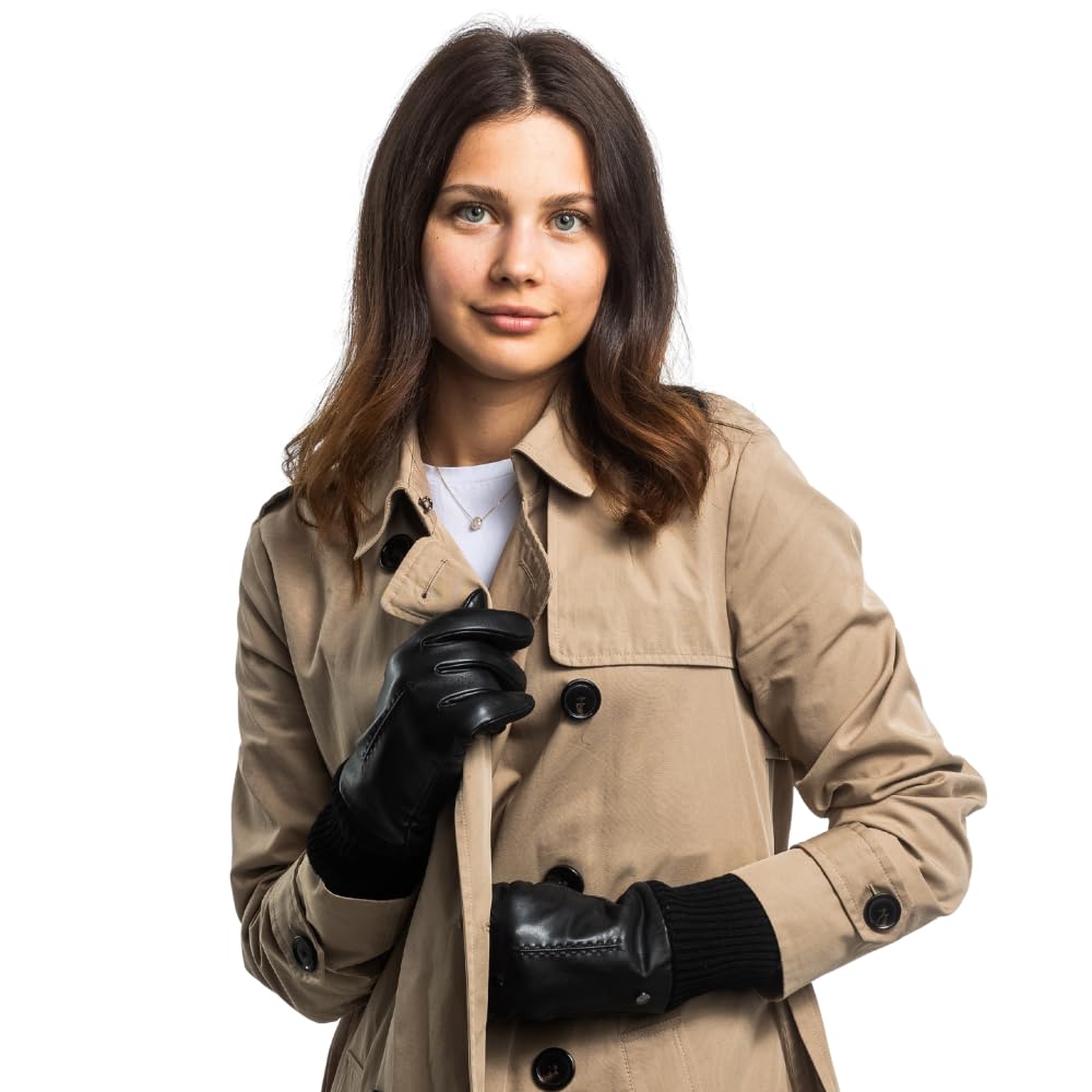Guanti da donna in pelle nappa di agnello foderati con pelliccia di agnello merino, con polsini in maglia sul polso, ancora più caldi, guanti da donna in pelliccia d'agnello