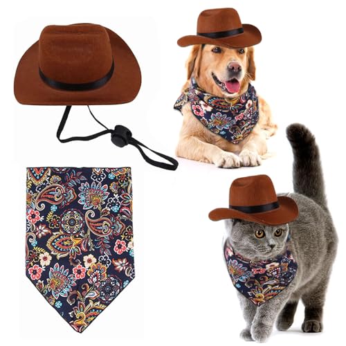 WideSmart Cowboyhut für Hunde und Katzen,Hut für Hund Cat, mit Bandana-Schal, Mini-Haustierkostüm für Halloween,Geeignet für Welpen und Kätzchen, Haustierparty-Urlaub und Tägliche Dekoration