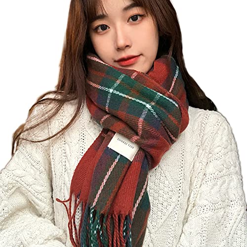 Yartar マフラー レディース チェック柄 大判 ストール レディースファッション カシミヤ マフラー 肩掛け 巻き物 防寒 暖かい 羽織り ストールショール 肌触り良い 春秋冬定番 リバーシブル 手洗い 厚手 無地 静電気防止加工 両面 使える ショール 男女兼用(あかい)