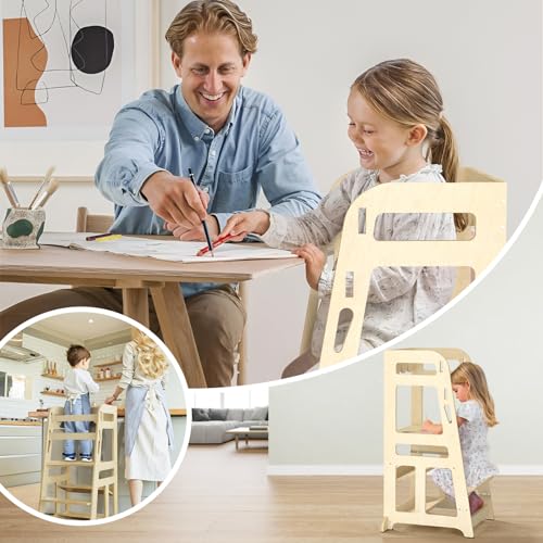 Image of SAUCE ZHAN Kitchen Stool Helper for Toddler Aged 1-6, Learning Stool Tower Step Stool for Counter with 2 Safety Rails, Montessori Stool Kids Birthday Xmas Gifts Wooden Grocery Store Pretend Play