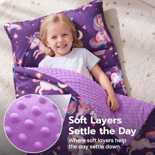 Image of JOIEDOMI Toddler Nap Mat with Removable Pillow and Minky Blanket 55''x30'' Kids Sleeping Bag for Boys and Girls Ages 3-6 Roll Up Soft Nap Mats for Preschool Kindergarten Daycare Sleepover