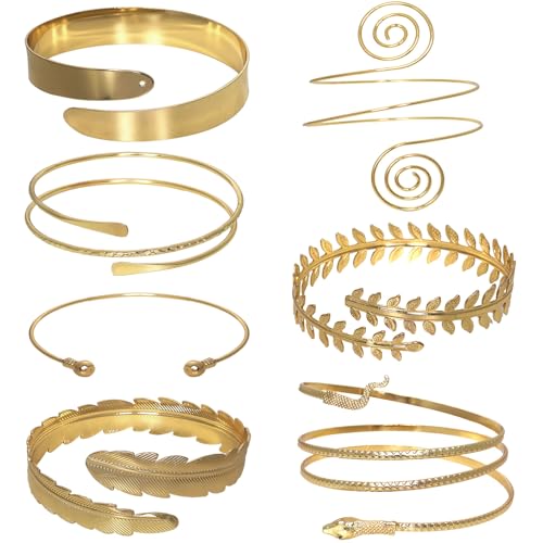 7 Pieces Arm Cuff Upper Arm Band Cuff Minimalist Gold Bracelet Bangle Jewelry for Women Adjustable Armband Set Simple Swirl Open Wide Wire Bracelets Arm Bangle