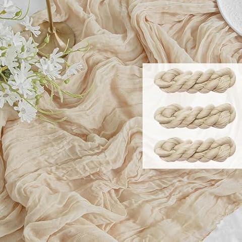 FEXIA 3 Pack Beige Table Runner 35x120 Inches for Baby Shower Decoration Gauze Spring Easter Table Runner for Wedding Party First Communion Centerpiece Engagement Bridal Shower Decoration Cover