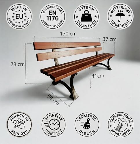 REKORD Gartenbank 170 x 59 x 73 cm Robuste Parkbank aus Metall und Holz mit Rückenlehne wetterfeste Outdoor Sitzbank Bank für Garten Terrasse Balkon Vorgarten – Lodzka - Palisander