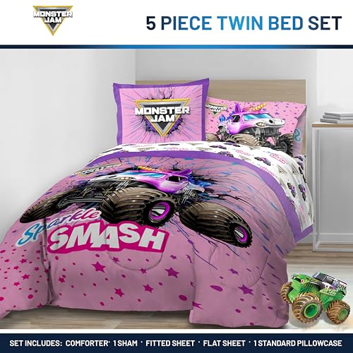 Image of Monster Jam Twin Comforter Set 5 Piece Kids Bedding for Girls, Pink | Sparkle Smash, Bed in a Bag, Comforter Sheets Sham Pillowcase, Soft Microfiber, Machine Washable, Girls Gift