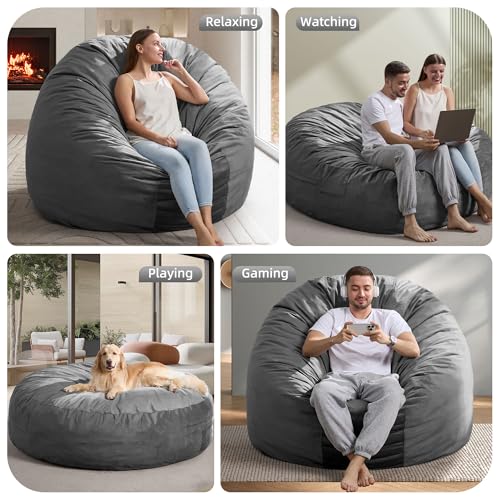 Image of Hobestluk Giant Bean Bag Chairs 6FT Oversized BeanBag Chair for Adult Jumbo | Memory Foam,Washable Cover,Storage Pocket,Handle,Lightweight Round Dorm Chair Adult Bean Bag Bed Study Room Gaming | Grey 6FT