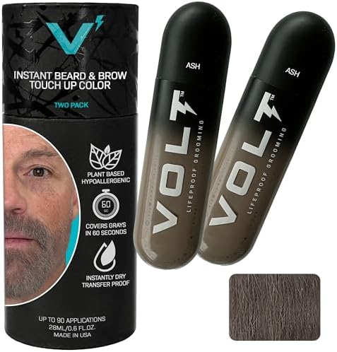 VOLT Grooming Temporary Instant Beard Color for Men Quick-Dry Plant-Based Brush On Beard, Hair, Mustache & Brow Color, For Sensitive Skin, Ash Gray Brown, 2-Pack Refill, 90+ Applications