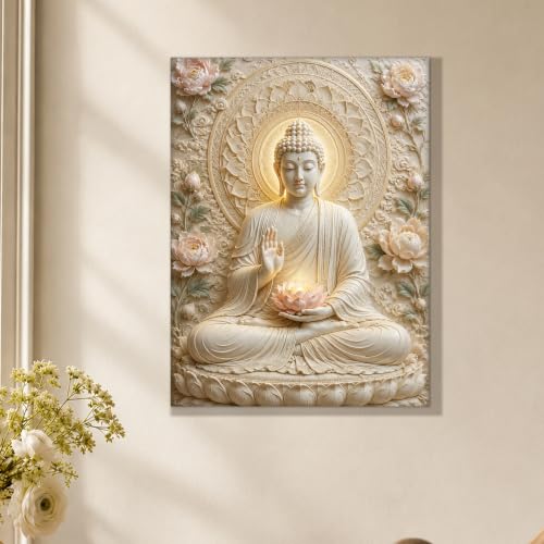Image of PAINTINGMANTRA Buddha Painting for Living Room, Spiritual Buddha wall Art Painting for living room, Bedroom, office and Home, Canvas, 12x16 Inch