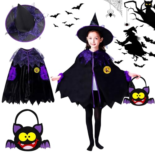 ZZQVIP Déguisement Sorcière Fille 3 Pièces – Costume Halloween Enfant avec Cape et Violette, Chapeau de Sorcière & Sac à Bonbons Chauve-Souris, pour Halloween, Carnaval et Fêtes à Thème (90–140 cm)
