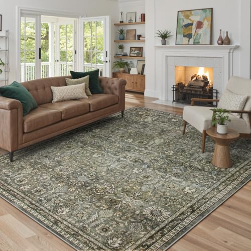 Lahome Green 8x10 Rugs for Living Room, Boho Washable Area Rugs for Bedroom, Rubber Backed Non Slip Floor Carpets for Dining Room Home Apartment, Dark Olive Green