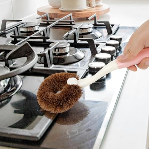 Image of 2 Pack Kitchen Scrub Brushes for Cleaning Dish Brush with Handle for Pans, Pots, Kitchen Sink Cleaning Scrub Brushes (Coconut Fiber)
