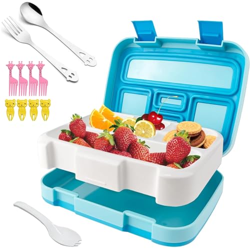 El Mejor Listado de Fiambreras bento . 43 Fiambrera Bento, fiambrera para estudiantes, fiambrera para niños, 5 divisiones, con tenedor y cuchara de acero inoxidable, tenedor de fruta, adecuada para niños y adultos(Azul)