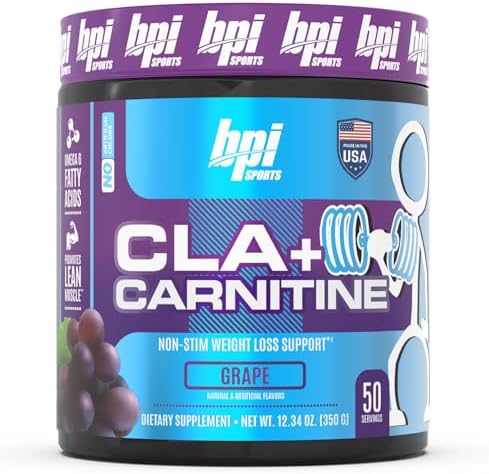BPI Sports CLA + Carnitine Powder – Non Stimulant Fat Burner for Weight Loss, Metabolism & Lean Muscle – Caffeine Free – Grape – 50 Servings – 12.34 oz