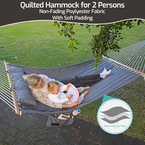 Image of Double Quilted Fabric Hammock with Hardwood Spreader Bars and Pillow 450 LBS Capacity 2 Person Large Hammock for Outdoor Patio Backyard Poolside - Brown Stripe