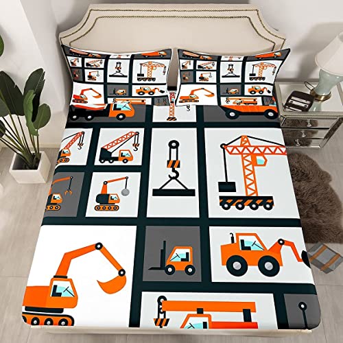 Jungen BAU Spannbettlaken 90x200cm Kinder Karikatur Maschinen LKW Bettlaken Set für Kinderzimmer Baustelle Auto Fahrzeug Dekor Spannbetttuch weich Lauschig