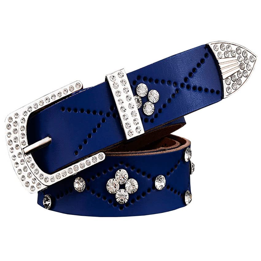 Men Women Rhinestone Belt with Buckle Cow Skin Leather Men Belts Unisex Waist Girdle for Jeans
