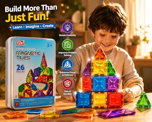 Image of Diamond Glass Tile Magnetic Building Blocks for Kids STEM (26 tiles) | Shinny Magnetic Pixelated Cube Construction Toy | Creative Learning Block Set for Boys & Girls Ages 3-10 | Birthday Gift