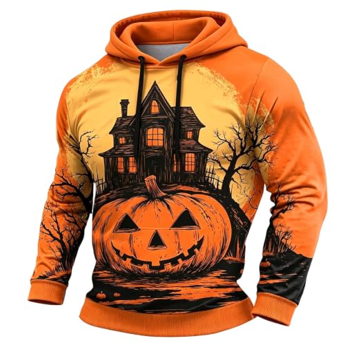 Halloween Mens Hoodies Spooky Castle Pumpkin Print Hoodie Casual Long Sleeve Funny Pullover Sweatshirt Orange - image 1