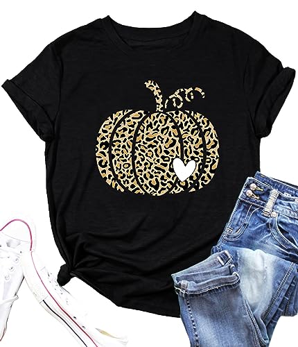 Hello Fall Shirts for Women Leopard Pumpkin Graphic T-Shirts Funny Thanksgiving Gifts Tee Tops