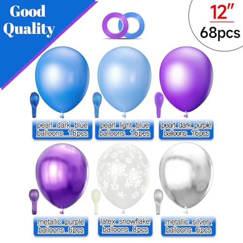 Image of 68Pcs Purple and Blue Party Balloons Kit 12 Inch Pearl Light Blue Metallic Purple Silver Snowflake Balloons with Ribbons for Winter Theme Birthday Wedding Girls Party Decorations.