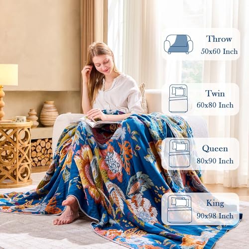 Image of XIBLC Boho Throw Blanket, Blue Lightweight Blankets for Summer, 100% Cotton Bohemian Decorative Throw Blanket, 60 inchx80 inch Reversible Muslin Breathable Woven Farmhouse Blankets Quilt,