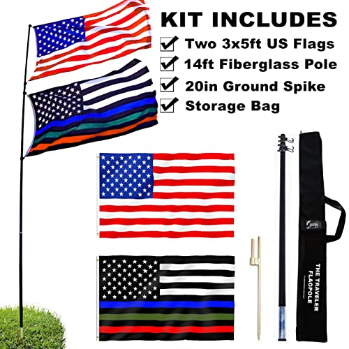The Traveler Portable Two Flag, Pole Kit. Includes Two Beautiful 3’X5’ Flags Steel Ground Spike,14Ft Fiberglass Retractable Pole, And A Storage Bag. #TOP1